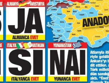 Προκλητικό πρωτοσέλιδο φιλοκυβερνητικής τουρκικής εφημερίδας για την επικράτηση του Ρ.Τ. Ερντογάν - Το «Ναι» στα ελληνικά! (φωτό)